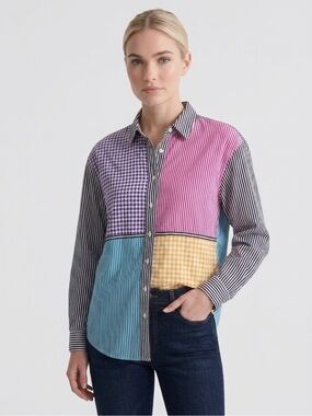 Patchwork Button-Down Shirt in Pink, Purple, Blue, Yellow